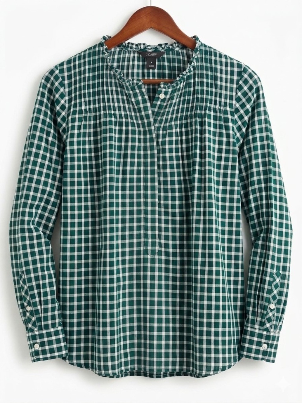 J.Crew Gingham Ruffle Neck Popover Blouse